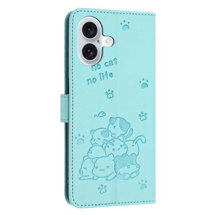 For iPhone 16 Embossed Kitten Phone Leather Case with Lanyard(Mint Green) - iPhone 16 Cases by buy2fix | Online Shopping UK | buy2fix