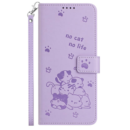 For Motorola Moto G Play 4G 2024 Embossed Kitten Phone Leather Case with Lanyard(Purple) - Motorola Cases by buy2fix | Online Shopping UK | buy2fix