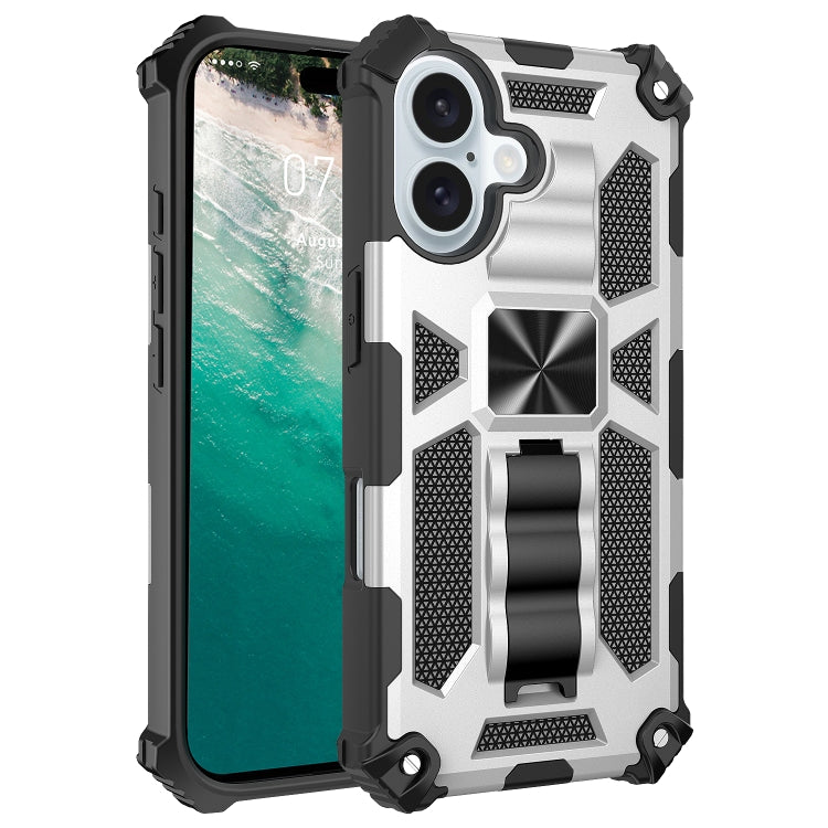 For iPhone 16 Armor Shockproof TPU Hybrid PC Magnetic Phone Case with Holder(Silver) - iPhone 16 Cases by buy2fix | Online Shopping UK | buy2fix