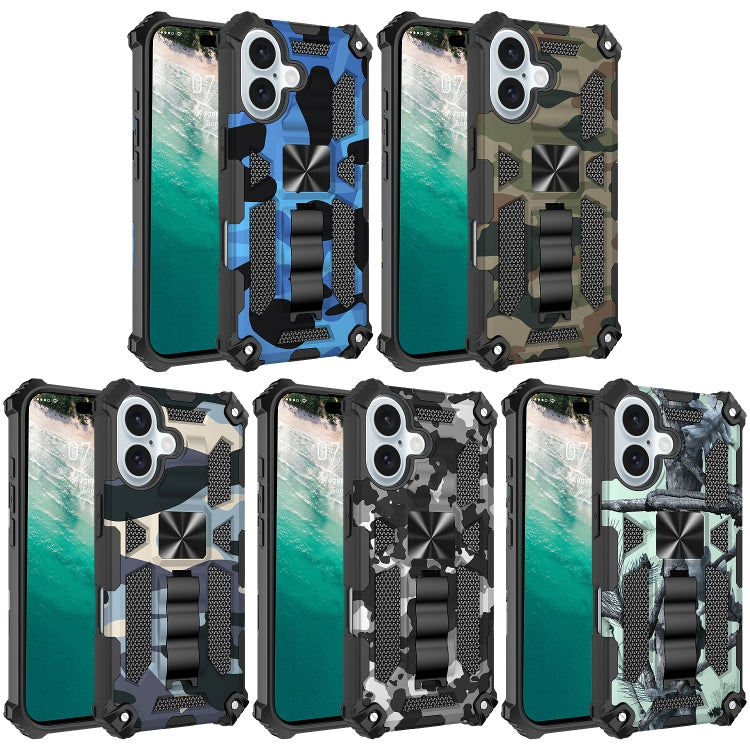 For iPhone 16 Camouflage Armor Kickstand TPU Hybrid PC Magnetic Phone Case(Army Green) - iPhone 16 Cases by buy2fix | Online Shopping UK | buy2fix