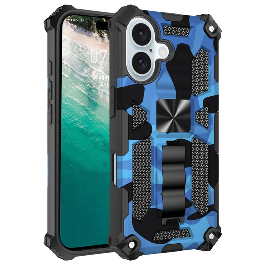 For iPhone 16 Camouflage Armor Kickstand TPU Hybrid PC Magnetic Phone Case(Blue) - iPhone 16 Cases by buy2fix | Online Shopping UK | buy2fix