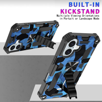 For iPhone 16 Camouflage Armor Kickstand TPU Hybrid PC Magnetic Phone Case(Blue) - iPhone 16 Cases by buy2fix | Online Shopping UK | buy2fix