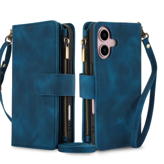 For iPhone 16 Dream 9-Card Zipper Wallet RFID Leather Phone Case with Lanyard(Blue) - iPhone 16 Cases by buy2fix | Online Shopping UK | buy2fix