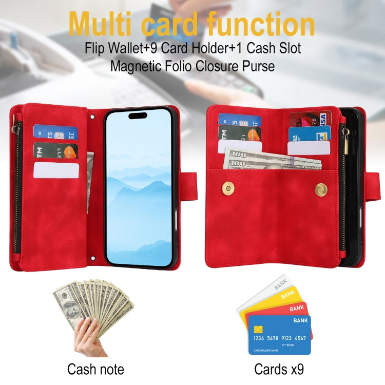 For iPhone 16 Dream 9-Card Zipper Wallet RFID Leather Phone Case with Lanyard(Red) - iPhone 16 Cases by buy2fix | Online Shopping UK | buy2fix