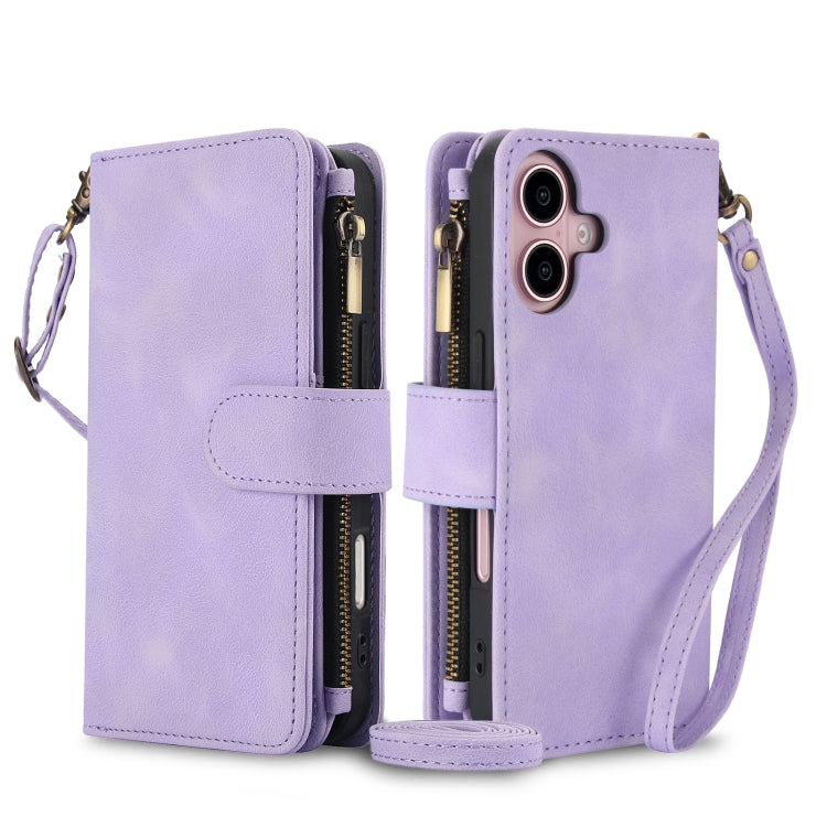 For iPhone 16 Dream 9-Card Zipper Wallet RFID Leather Phone Case with Lanyard(Purple) - iPhone 16 Cases by buy2fix | Online Shopping UK | buy2fix