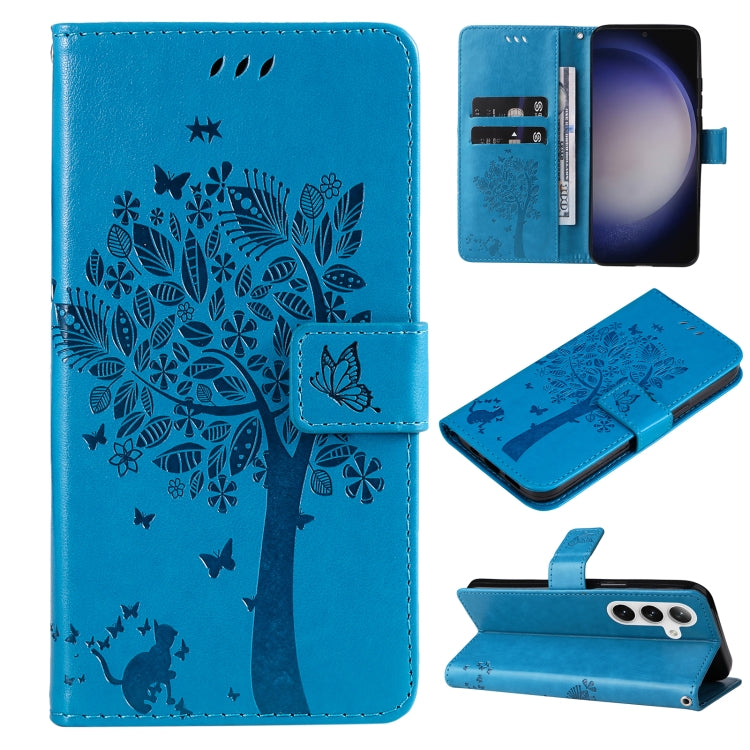 For Samsung Galaxy S25 / S24 5G Tree & Cat Embossed Pattern Flip Leather Phone Case(Blue) - Galaxy S25 5G Cases by buy2fix | Online Shopping UK | buy2fix