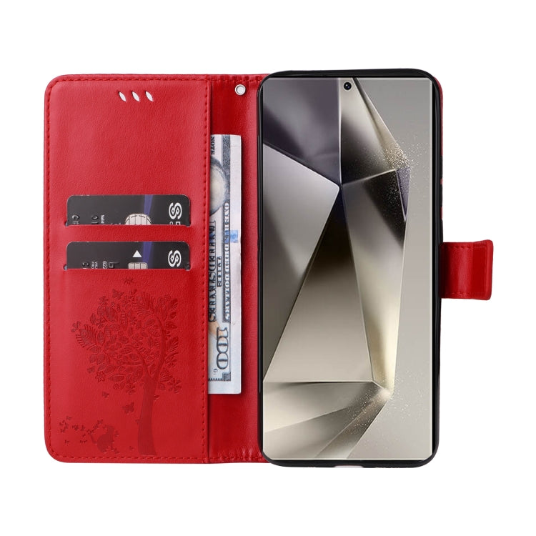 For Samsung Galaxy S25 Ultra 5G Tree & Cat Embossed Pattern Flip Leather Phone Case(Red) - Galaxy S25 Ultra 5G Cases by buy2fix | Online Shopping UK | buy2fix