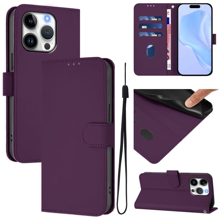 For iPhone 16 Pro Skin Feel Solid Color Leather Phone Case with Lanyard(Violet) - iPhone 16 Pro Cases by buy2fix | Online Shopping UK | buy2fix