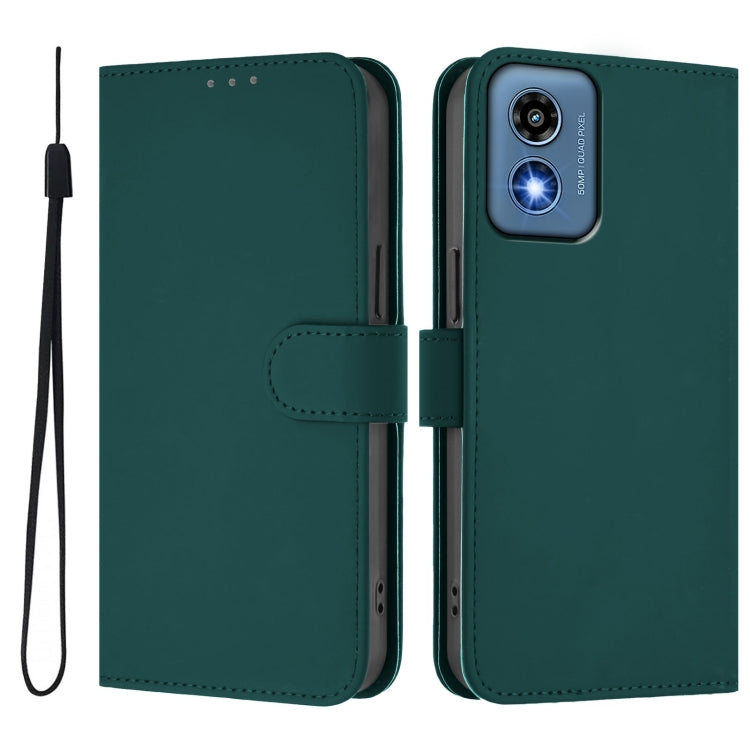 For Motorola Moto G Play 5G 2024 Global Skin Feel Solid Color Leather Phone Case with Lanyard(Dark Green) - Motorola Cases by buy2fix | Online Shopping UK | buy2fix