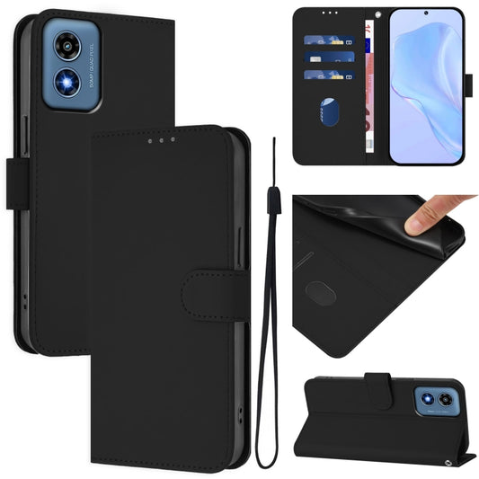 For Motorola Moto G Play 4G 2024 Global Skin Feel Solid Color Leather Phone Case with Lanyard(Black) - Motorola Cases by buy2fix | Online Shopping UK | buy2fix