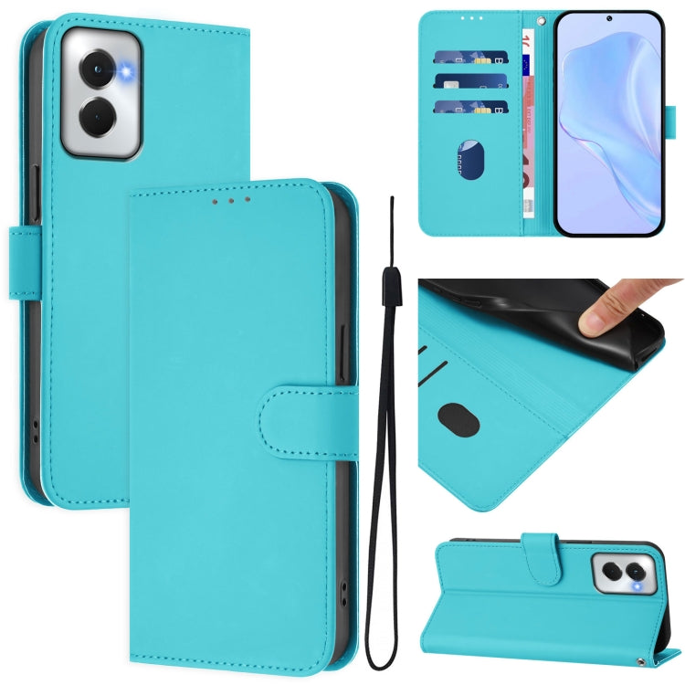 For Motorola Moto G Power 5G 2024 Skin Feel Solid Color Leather Phone Case with Lanyard(Lake Blue) - Motorola Cases by buy2fix | Online Shopping UK | buy2fix