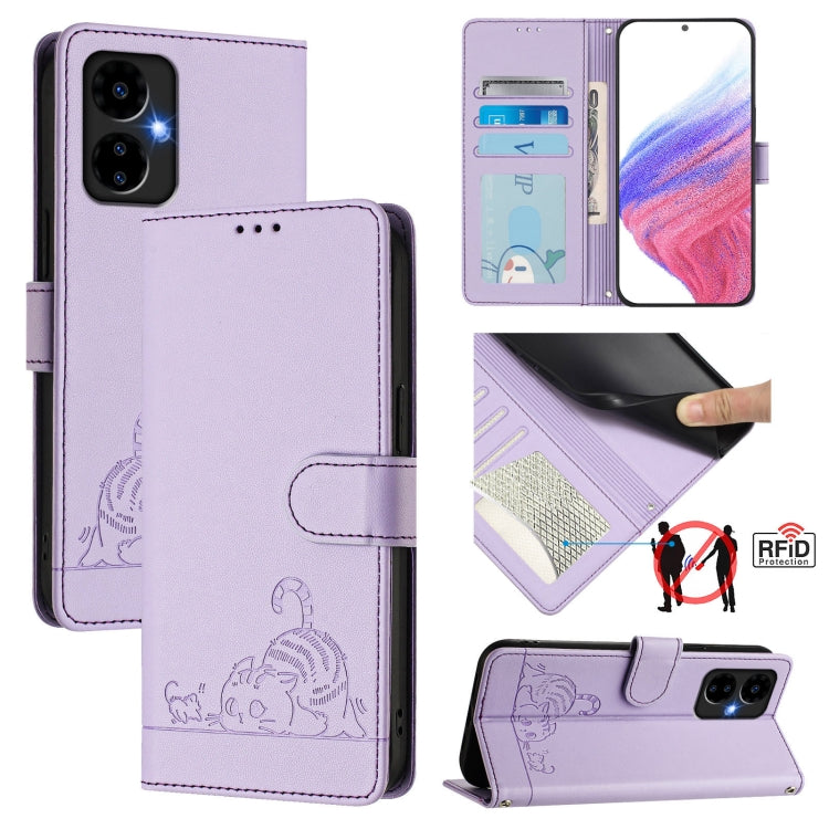 For Boost Mobile Celero 5G 2024 Cat Rat Embossed RFID Leather Phone Case with Lanyard(Purple) - More Brand by buy2fix | Online Shopping UK | buy2fix