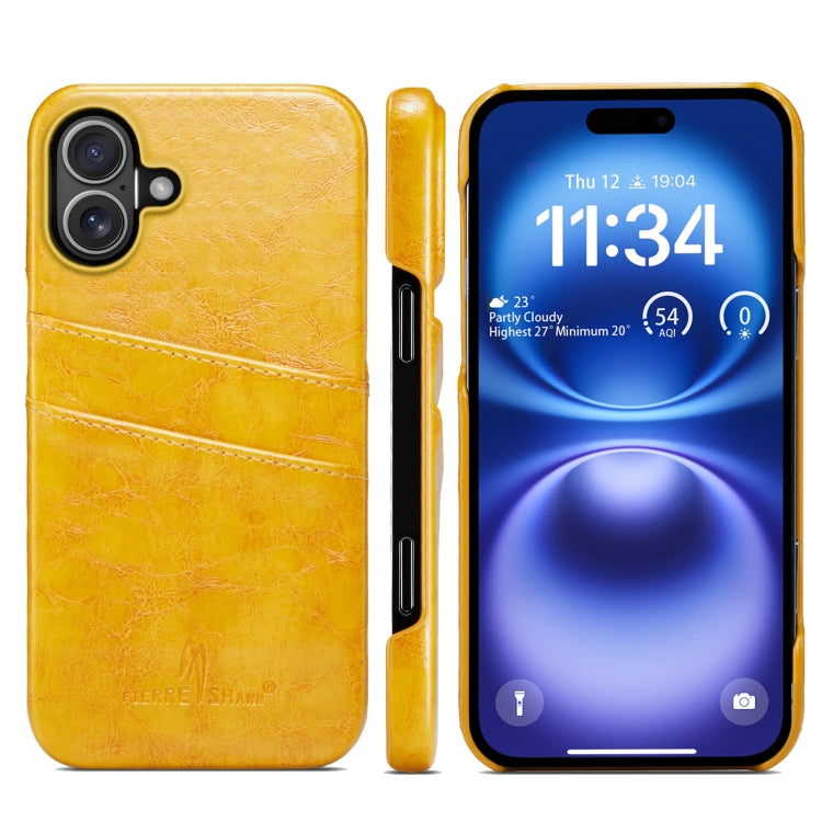 For iPhone 16 Fierre Shann Retro Oil Wax Texture Card Slots PU Leather Phone Case(Yellow) - iPhone 16 Cases by FIERRE SHANN | Online Shopping UK | buy2fix