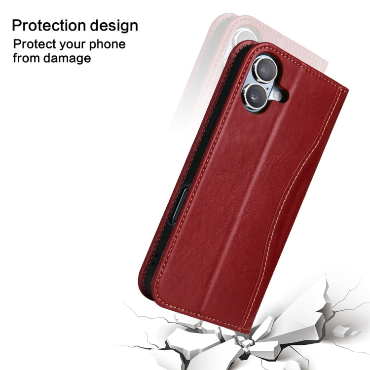 For iPhone 16 Fierre Shann Cowhide Leather Flip Leather Phone Case(Red) - iPhone 16 Cases by FIERRE SHANN | Online Shopping UK | buy2fix