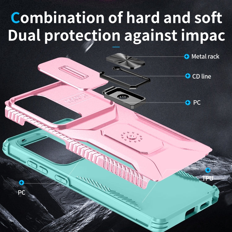 For Samsung Galaxy S25 Ultra 5G Sliding Camshield Holder Phone Case(Pink + Grey Green) - Galaxy S25 Ultra 5G Cases by buy2fix | Online Shopping UK | buy2fix