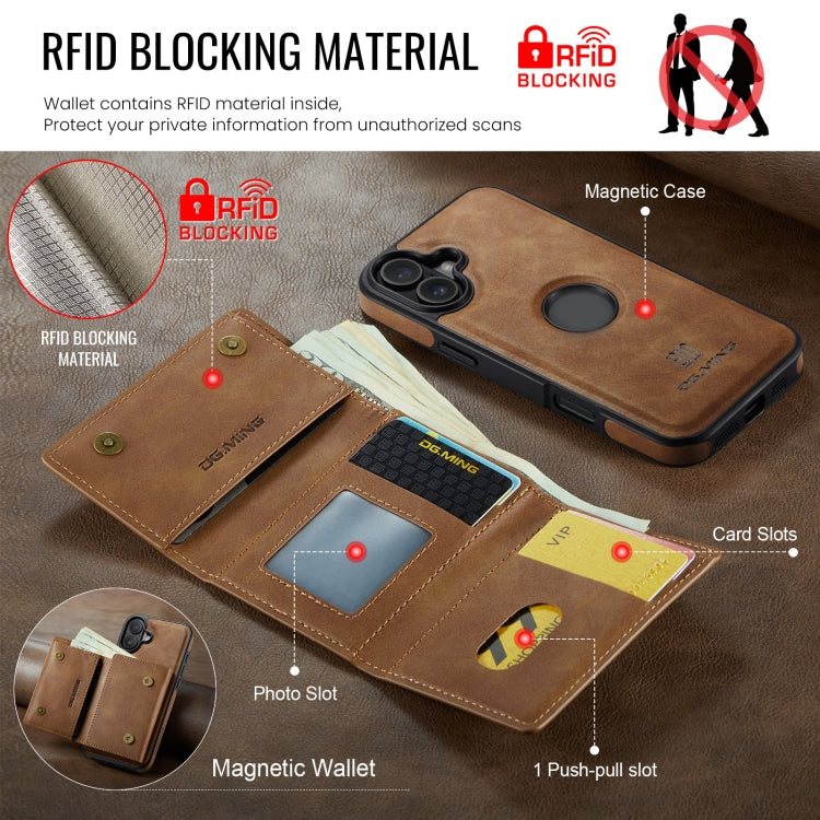 For iPhone 16 Plus DG.MING M6 Series RFID Tri-fold Card Bag Removable Leather Phone Case(Brown) - iPhone 16 Plus Cases by DG.MING | Online Shopping UK | buy2fix