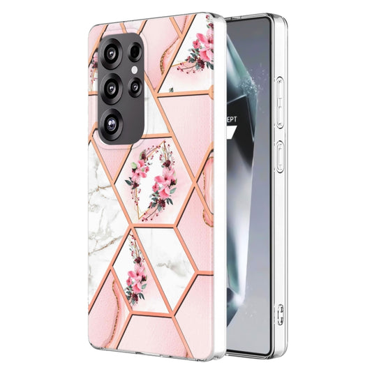 For Samsung Galaxy S25 Ultra 5G Splicing Marble Flower IMD TPU Phone Case(Pink Flower) - Galaxy S25 Ultra 5G Cases by buy2fix | Online Shopping UK | buy2fix