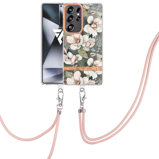 For Samsung Galaxy S25 Ultra 5G Flowers and Plants Series IMD TPU Phone Case with Lanyard(Green Gardenia) - Galaxy S25 Ultra 5G Cases by buy2fix | Online Shopping UK | buy2fix