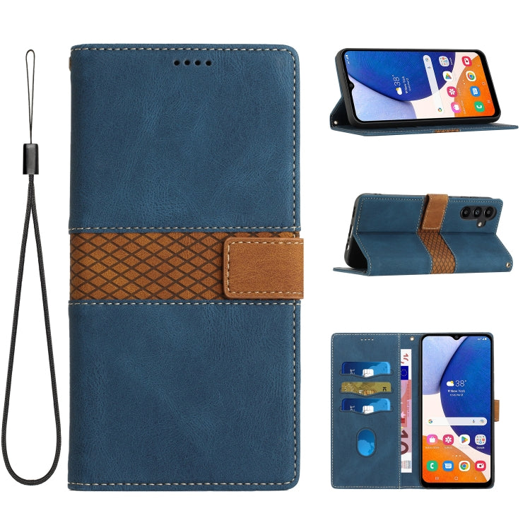 For Samsung Galaxy S25 5G Grid Stitching Leather Phone Case with Lanyard(Blue) - Galaxy S25 5G Cases by buy2fix | Online Shopping UK | buy2fix