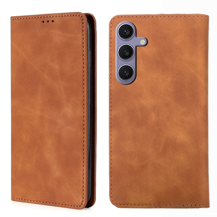 For Samsung Galaxy S25+ 5G Skin Feel Magnetic Leather Phone Case(Light Brown) - Galaxy S25+ 5G Cases by buy2fix | Online Shopping UK | buy2fix