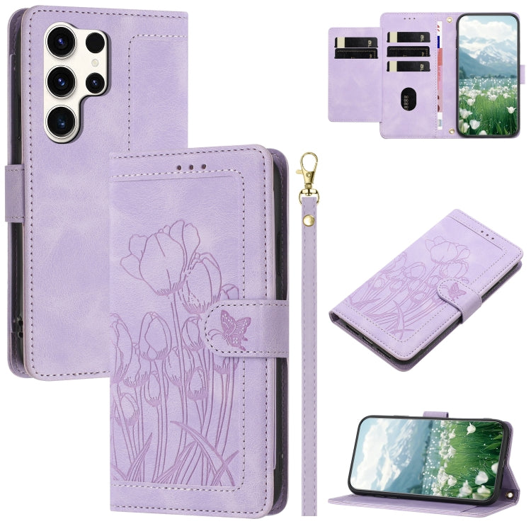 For Samsung Galaxy S25 Ultra 5G Tulips Embossed Leather Phone Case with Lanyard(Purple) - Galaxy S25 Ultra 5G Cases by buy2fix | Online Shopping UK | buy2fix