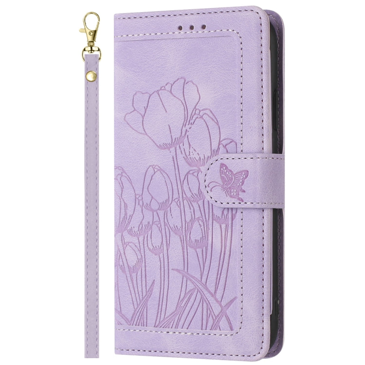 For Samsung Galaxy S25 Ultra 5G Tulips Embossed Leather Phone Case with Lanyard(Purple) - Galaxy S25 Ultra 5G Cases by buy2fix | Online Shopping UK | buy2fix