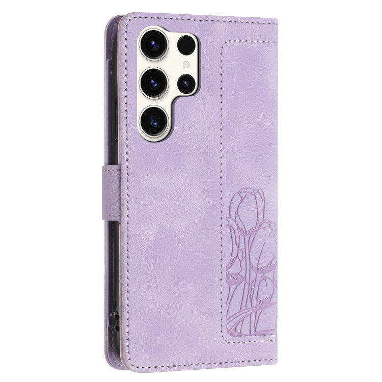 For Samsung Galaxy S25 Ultra 5G Tulips Embossed Leather Phone Case with Lanyard(Purple) - Galaxy S25 Ultra 5G Cases by buy2fix | Online Shopping UK | buy2fix