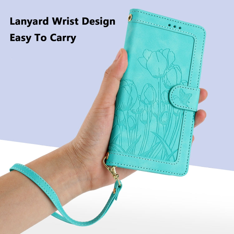 For Samsung Galaxy S25 5G Tulips Embossed Leather Phone Case with Lanyard(Green) - Galaxy S25 5G Cases by buy2fix | Online Shopping UK | buy2fix