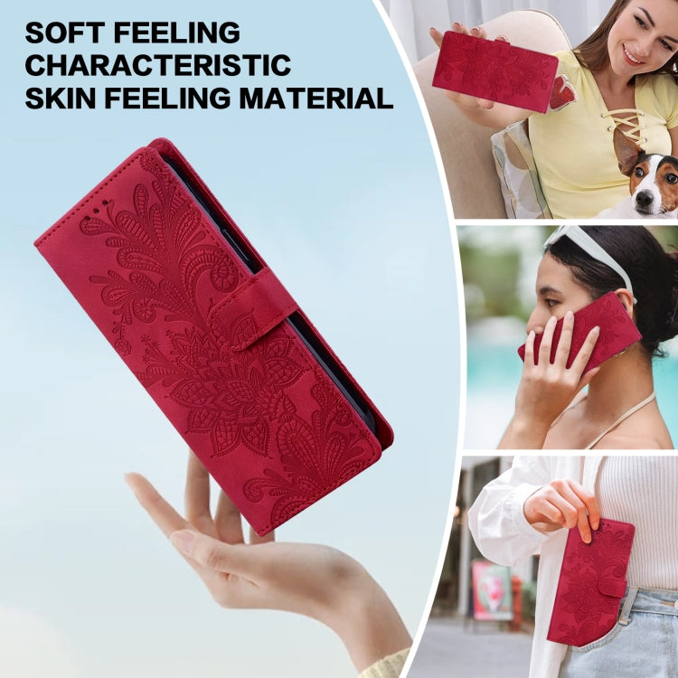 For Samsung Galaxy S25+ 5G Lace Floral Embossed Magnetic Buckle PU Phone Case With Wrist Strap(Red) - Galaxy S25+ 5G Cases by buy2fix | Online Shopping UK | buy2fix