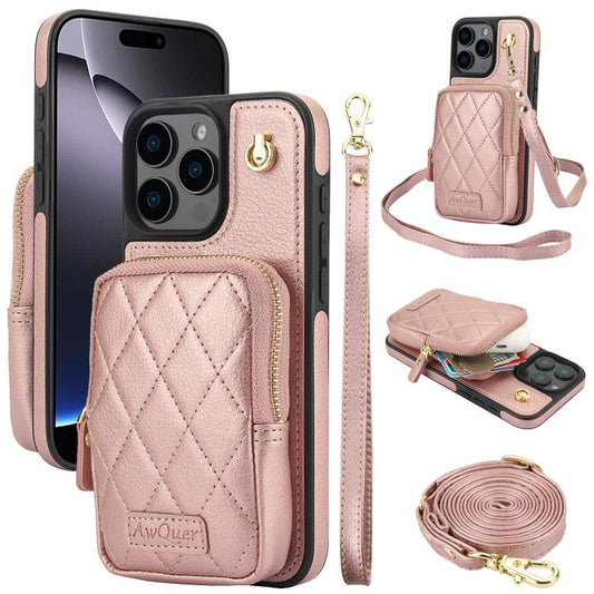 For iPhone 16 Pro AwQuer Crossbody Zipper Wallet Bag Litchi Leather Phone Case(Rose Gold) - iPhone 16 Pro Cases by Awquer | Online Shopping UK | buy2fix