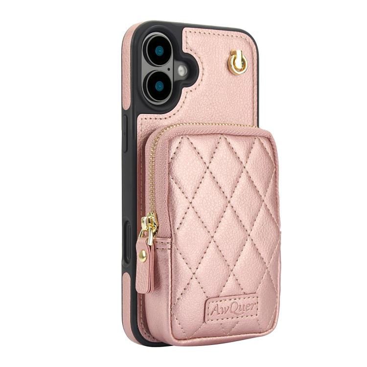 For iPhone 16 Plus AwQuer Crossbody Zipper Wallet Bag Litchi Leather Phone Case(Rose Gold) - iPhone 16 Plus Cases by Awquer | Online Shopping UK | buy2fix