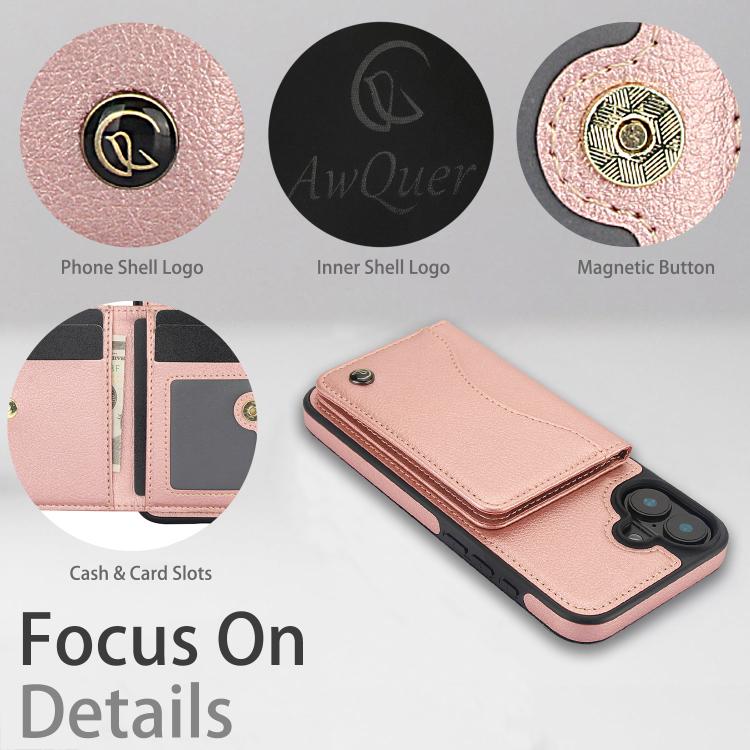 For iPhone 16 Plus AwQuer Horizontal Flip Card Bag Holder Leather Phone Case(Rose Gold) - iPhone 16 Plus Cases by Awquer | Online Shopping UK | buy2fix