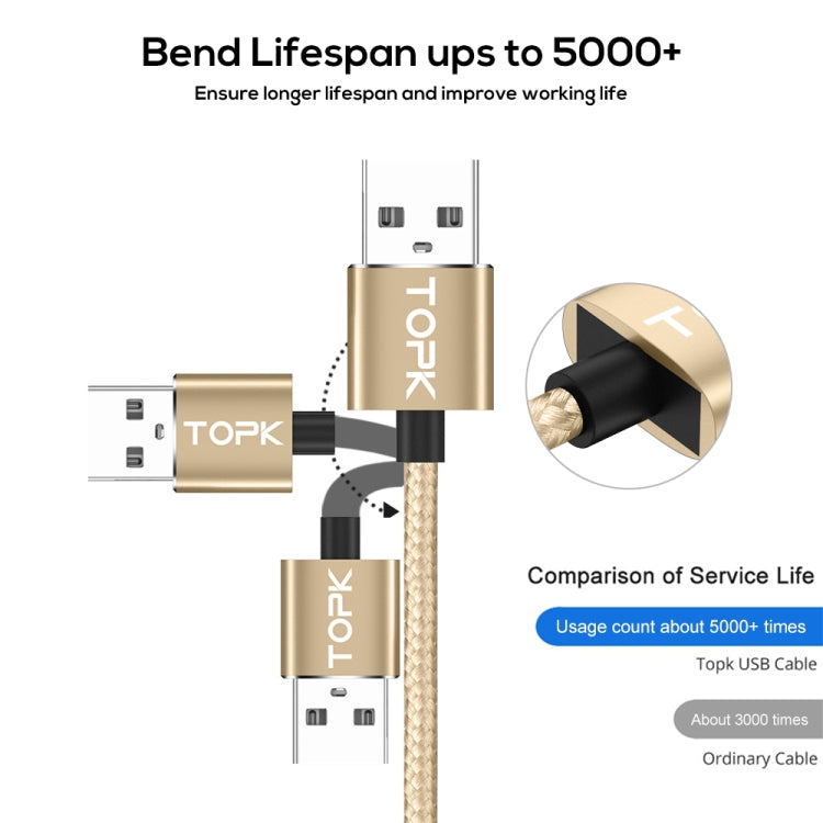 TOPK AM30 1m 2.4A Max USB to 8 Pin + USB-C / Type-C + Micro USB 90 Degree Elbow Magnetic Charging Cable with LED Indicator(Gold) - Charging Cable & Head by TOPK | Online Shopping UK | buy2fix