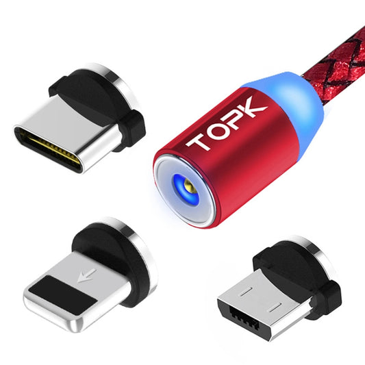 TOPK AM23 2m 2.1A Output USB to 8 Pin + USB-C / Type-C + Micro USB Mesh Braided Magnetic Charging Cable with LED Indicator(Red) - Charging Cable & Head by TOPK | Online Shopping UK | buy2fix