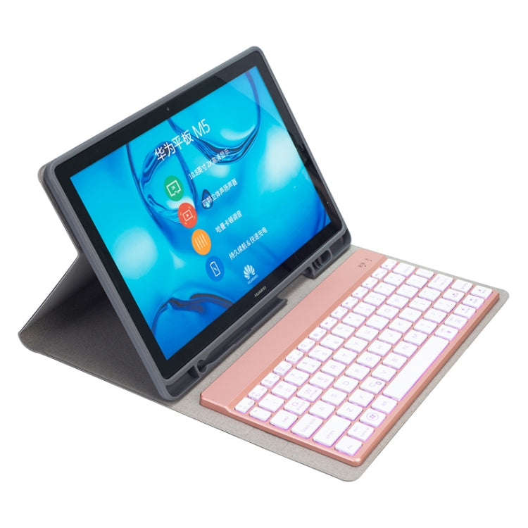 HW108A Detachable Magnetic Colorful Backlight Plastic Bluetooth Keyboard + Silk Pattern TPU Tablet Case for Huawei MediaPad M5 10.8 Pro / 10.8, with Pen Slot & Bracket(Pink) - Huawei Keyboard by buy2fix | Online Shopping UK | buy2fix