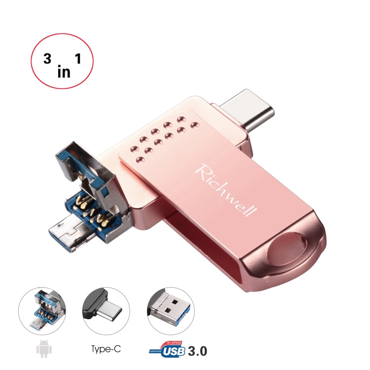 Richwell 3 in 1 64G Type-C + Micro USB + USB 3.0 Metal Flash Disk with OTG Function(Rose Gold) - U Disk & Card Reader by Richwell | Online Shopping UK | buy2fix