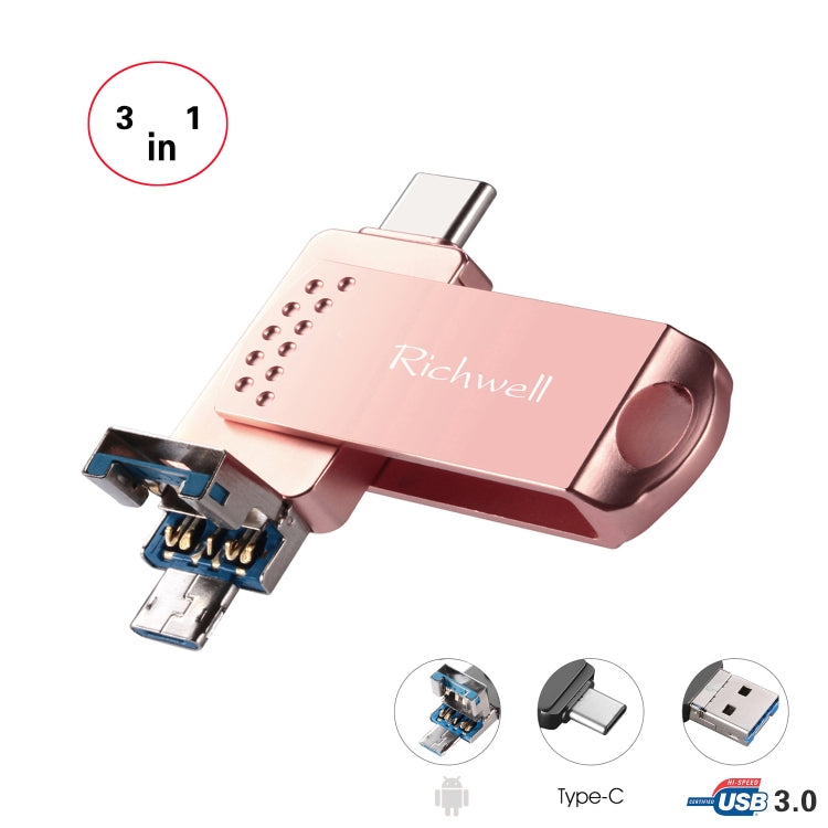 Richwell 3 in 1 64G Type-C + Micro USB + USB 3.0 Metal Flash Disk with OTG Function(Rose Gold) - U Disk & Card Reader by Richwell | Online Shopping UK | buy2fix