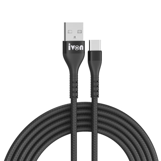 IVON CA92 2.4A Max USB to USB-C / Type-C Rubber Fast Charging Data Cable, Length: 1.5m (Black) - USB-C & Type-C Cable by IVON | Online Shopping UK | buy2fix