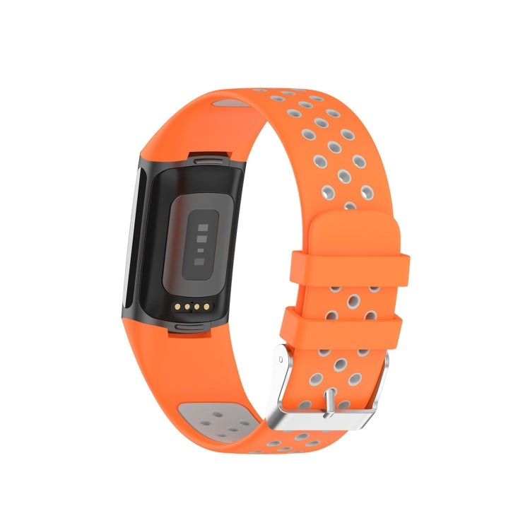 For Fitbit Charge 5 Double Color Metal Buckle Hole Silicone Watch Band(Orange Gray) - Watch Bands by buy2fix | Online Shopping UK | buy2fix