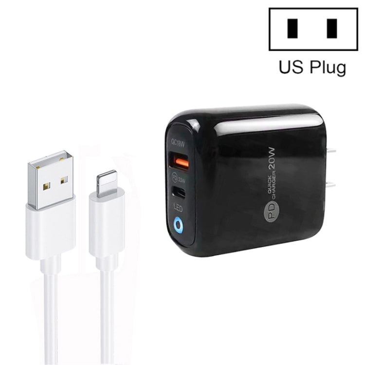 PD04 Type-C + USB Mobile Phone Charger with USB to 8 Pin Cable, US Plug(Black) - USB Charger by buy2fix | Online Shopping UK | buy2fix