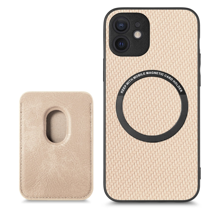 For iPhone 12 Carbon Fiber Leather Card Magsafe Magnetic Phone Case(Khaki) - iPhone 12 / 12 Pro Cases by buy2fix | Online Shopping UK | buy2fix