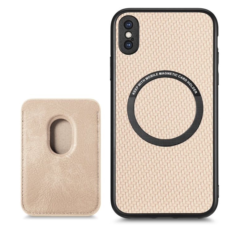 For iPhone XS Max Carbon Fiber Leather Card Magsafe Magnetic Phone Case(Khaki) - More iPhone Cases by buy2fix | Online Shopping UK | buy2fix