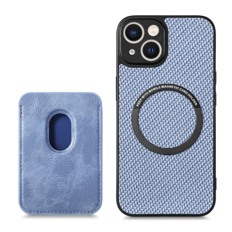 For iPhone 14 Carbon Fiber Leather Card Magsafe Magnetic Phone Case(Blue) - iPhone 14 Cases by buy2fix | Online Shopping UK | buy2fix