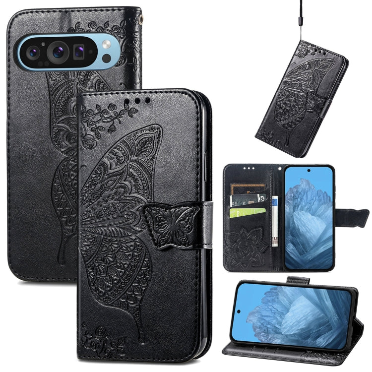 For Google Pixel 9 Butterfly Love Flower Embossed Leather Phone Case(Black) - Google Cases by buy2fix | Online Shopping UK | buy2fix