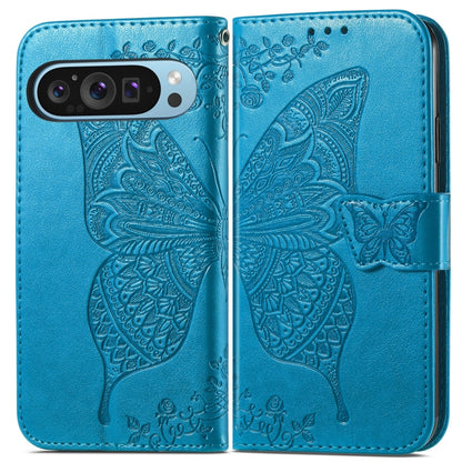 For Google Pixel 9 Butterfly Love Flower Embossed Leather Phone Case(Blue) - Google Cases by buy2fix | Online Shopping UK | buy2fix