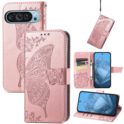 For Google Pixel 9 Butterfly Love Flower Embossed Leather Phone Case(Rose Gold) - Google Cases by buy2fix | Online Shopping UK | buy2fix