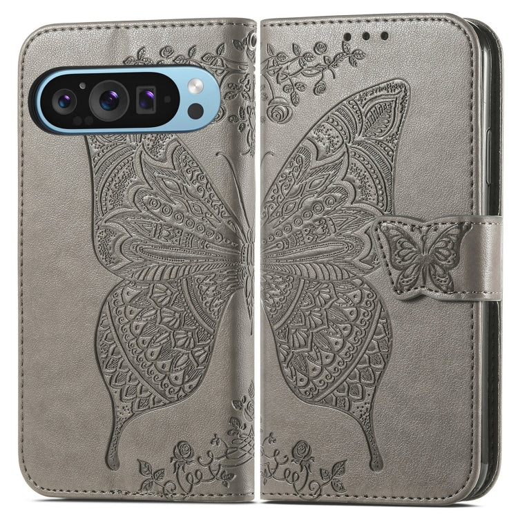 For Google Pixel 9 Butterfly Love Flower Embossed Leather Phone Case(Gray) - Google Cases by buy2fix | Online Shopping UK | buy2fix