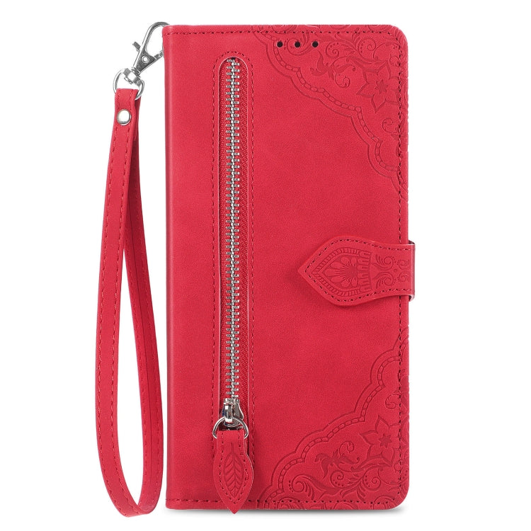 For Google Pixel 9 Pro Embossed Flower Zipper Leather Phone Case(Red) - Google Cases by buy2fix | Online Shopping UK | buy2fix