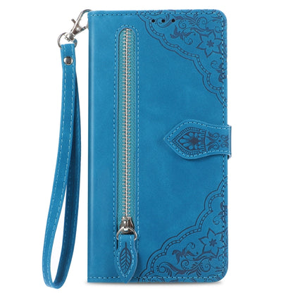 For Google Pixel 9 Embossed Flower Zipper Leather Phone Case(Blue) - Google Cases by buy2fix | Online Shopping UK | buy2fix