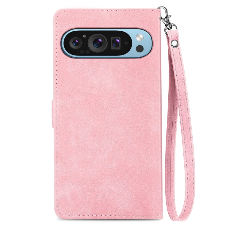 For Google Pixel 9 Embossed Flower Zipper Leather Phone Case(Pink) - Google Cases by buy2fix | Online Shopping UK | buy2fix